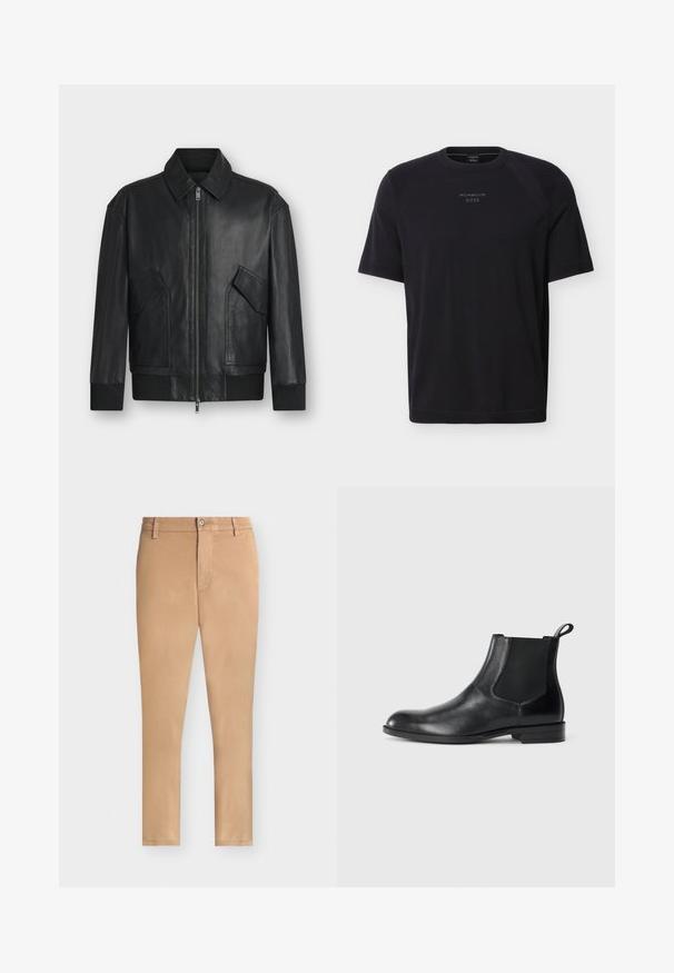 Veste en cuir noire avec fermeture éclair à l'avant, deux poches à rabat inclinées, poignets et ourlet côtelés, présentée sur fond blanc.; T-shirt noir à manches courtes et col rond avec le logo "Porsche BOSS" centré sur la poitrine, sur un fond uni.; Chino slim couleur beige avec fermeture à bouton et zip, passants pour ceinture et pas de poches visibles, présenté sur fond blanc uni.; Bottine en cuir noir avec des panneaux latéraux élastiques, bout rond et tirette. Texture lisse, semelle plate, design minimaliste.