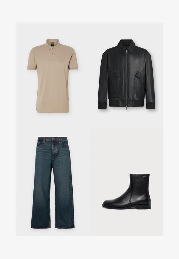 Veste en cuir noire avec fermeture éclair à l'avant, deux poches à rabat inclinées, poignets et ourlet côtelés, présentée sur fond blanc.; Polo beige à manches courtes avec deux boutons et un petit logo embossé sur la poitrine gauche.; Jean denim bleu foncé à jambe large avec fermeture à bouton avant, fermeture éclair et design à cinq poches, présenté sur un fond blanc.; Bottine en cuir noir à talon bas, couture latérale et petit logo "HUGO" sur le revers supérieur sur un fond uni.