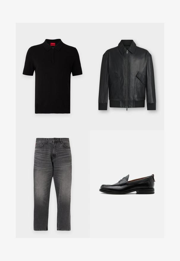 Veste en cuir noire avec fermeture éclair à l'avant, deux poches à rabat inclinées, poignets et ourlet côtelés, présentée sur fond blanc.; Polo noir en coton lisse. Doté d'un col classique, de manches courtes et d'une étiquette rouge au niveau du col. Sans motifs ni accents.; Jean en denim gris avec une coupe droite, doté de cinq poches, d'une braguette zippée et d'un léger effet « whiskering » sur l'avant. Ourlet cousu et détail avec le logo de la marque.; Mocassin homme en cuir noir avec couture moc toe, bride penny, col texturé et petit talon empilé sur fond blanc.