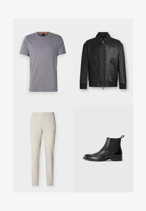 Schwarze Lederjacke mit Frontreißverschluss, zwei schrägen Klappentaschen, gerippten Bündchen und Saum, dargestellt auf weißem Hintergrund.; Graues T-Shirt mit kurzen Ärmeln aus Baumwolle, mit Rundhals und einem kleinen, rechteckigen Logopatch auf der oberen linken Seite. Glatte Textur.; Beige maßgeschneiderte Hose aus einem glatten Stoff. Verfügt über einen vorderen Knopfverschluss, Gürtelschlaufen und zulaufende Beine. Minimalistisches Design ohne Muster.; Schwarze Leder-Stiefelette mit elastischen Seiteneinsätzen, abgerundeter Zehenpartie und einem Zugschlauf. Glatte Textur, flache Sohle, minimalistisches Design.