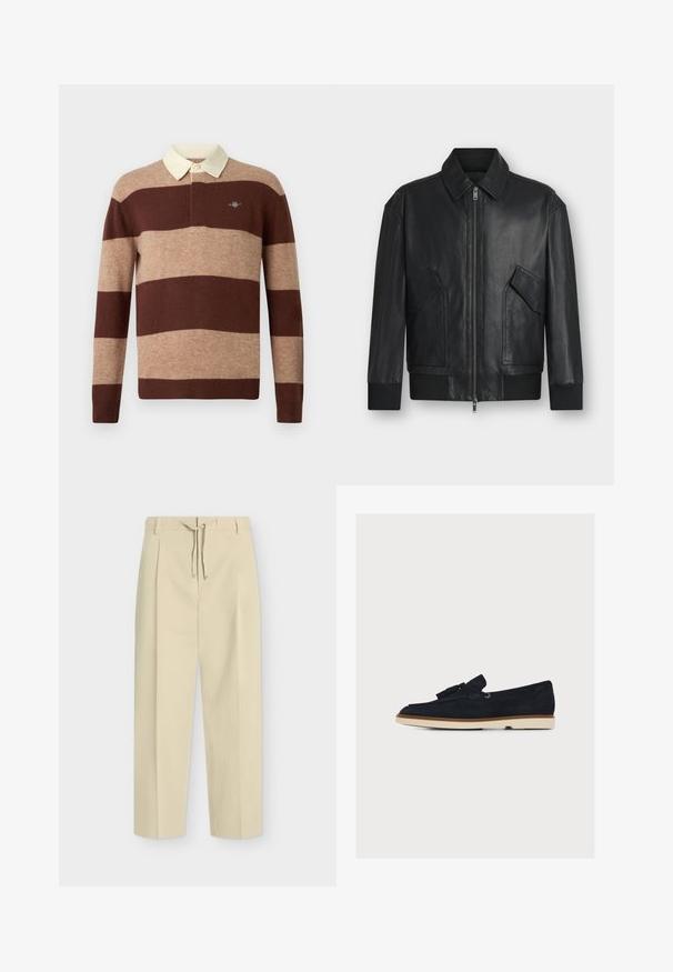 Chaqueta de cuero negra con cremallera frontal, dos bolsillos con solapa inclinados, puños y dobladillo acanalados, mostrada sobre un fondo blanco.; Camisa de rugby de manga larga con amplias rayas horizontales en marrón y beige y un cuello color crema, con un pequeño logo bordado en el pecho.; Pantalones beige de pierna recta con trabillas para cinturón y lazada frontal, con un diseño limpio y entallado y tela texturizada.; Mocasín de hombre negro de ante con borlas y suela beige, visto de lado sobre un fondo blanco liso.