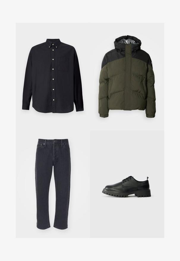 Schott ETHEN - Winterjacke - kaki/black; Schwarzes Langarmhemd aus Baumwolle. Es hat einen Kentkragen, eine Brusttasche und eine durchgehende Knopfleiste mit hellen Knöpfen.; Dunkelgraue Jeans aus Denim mit geradem Schnitt, fünf Taschen und Metallelementen. Verfügt über Kontrastnähte und eine leicht ausgebleichte Textur.; Schwarze Leder Schnürschuhe mit runder Spitze, strukturierten Oberflächen und dicker Gummisohle mit tiefen Profilen für besseren Grip.