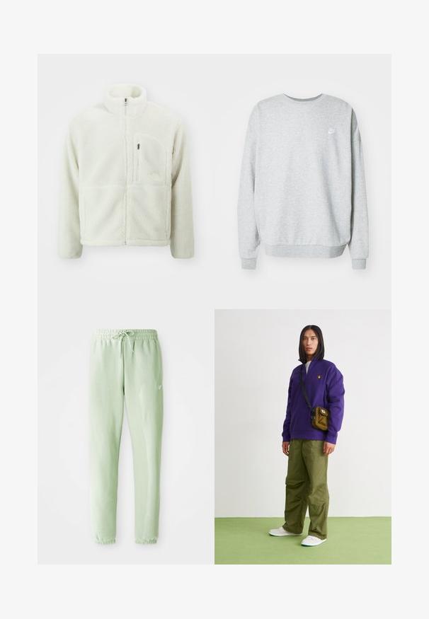 The North Face EXTREME JACKET - Fleecejas - white dune; Grijze sweatshirt van een katoenmix, met een ronde hals, verlaagde schouders en een klein wit logo op de borst.; Lichtgroene sweatpants van zachte katoen, met een elastische tailleband met trekkoord en taps toelopende benen, afgewerkt met gathered boorden.; Jordan AIR JORDAN 1 ZM CMFT 2 - Sneakers hoog - summit white/bicoastal/oxidized green
