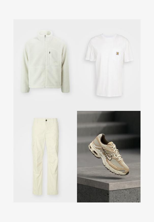 The North Face EXTREME JACKET - Veste polaire - white dune; T-shirt en coton blanc à manches courtes, avec une poche poitrine et un petit patch logo carré en orange et blanc sur la poche.; Pantalons cargo beige en tissu léger, dotés de poches latérales, d'une fermeture à bouton et de jambes droites. Texture lisse avec coutures ajustées.; Chaussure de running Nike beige et blanche avec panneaux en mesh et swoosh noir, flottant au-dessus d'un rebord en béton avec des escaliers flous en arrière-plan.