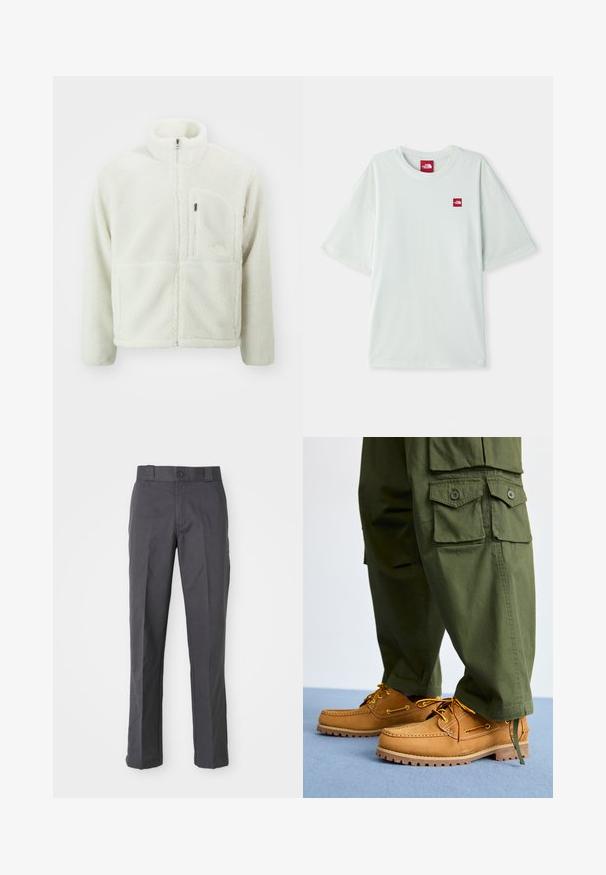 The North Face EXTREME JACKET - Fleecejakke - white dune; Lysegrøn kortærmet t-shirt lavet af blød bomuld, med et lille rødt logo på venstre brystområde. Løs pasform og rund halsudskæring.; Mørkegrå bukser lavet af bomuldsblanding, der har et lige ben-design, frontlommer og en knaplukning i taljen.; Timberland AUTHENTIC 3 EYE - Sejlersko - wheat