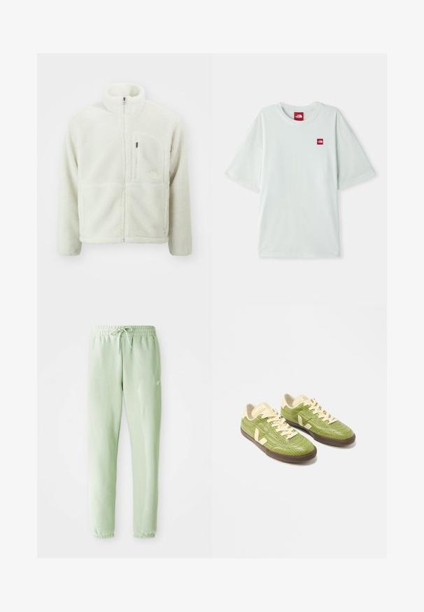 The North Face EXTREME JACKET - Fleecejas - white dune; Lichtgroene T-shirt met korte mouwen van zachte katoen, voorzien van een klein rood logo label op de linker borst. Ontspannen pasvorm en ronde halslijn.; Lichtgroene sweatpants van zachte katoen, met een elastische tailleband met trekkoord en taps toelopende benen, afgewerkt met gathered boorden.; Een paar groene lage sneakers met crèmekleurige veters, beige hielstukken en donkerbruine rubberen zolen op een witte achtergrond.