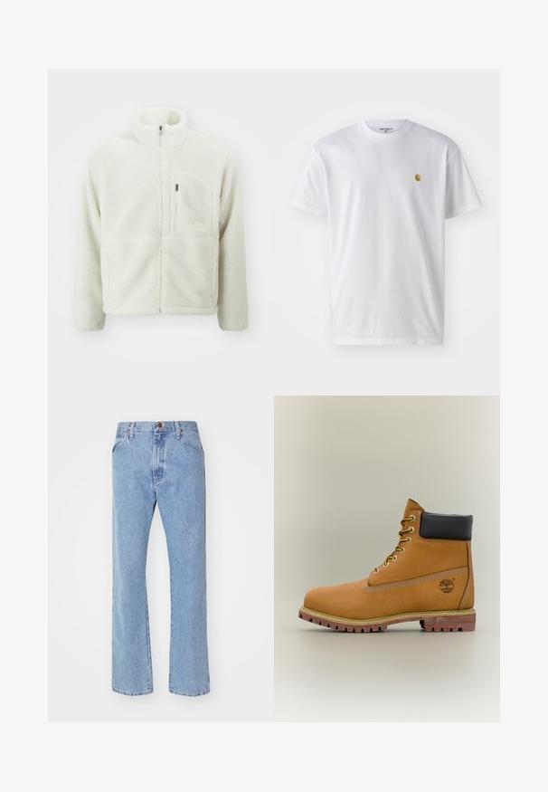 The North Face EXTREME JACKET - Fleecejacke - white dune; Weißes Baumwoll-T-Shirt mit kurzen Ärmeln, Rundhalsausschnitt, mit einem kleinen goldenen Logo im linken Brustbereich. Weicher Stoff und normale Passform.; Hellblaue Jeans mit geradem Bein, Frontknopf- und Reißverschluss, Gürtelschlaufen und normalen Vordertaschen.; Brauner Leder-Stiefelette mit schwarzem Kragen, gelben Schnürsenkeln und hellbrauner Sohle. Verfügt über ein Logo und weiße Ziernähe. Robuste Profilsohle.