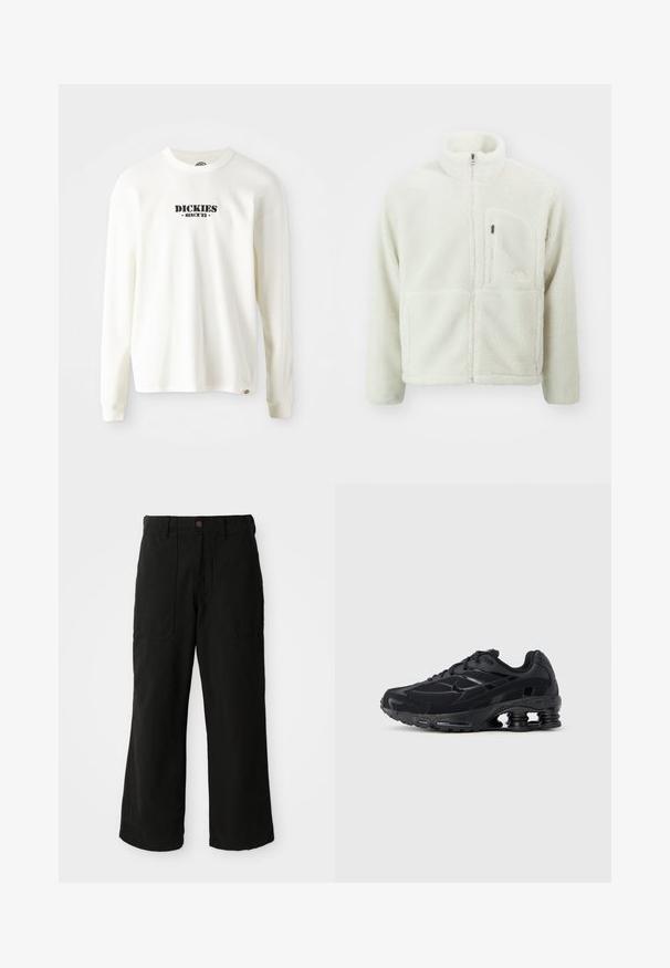 The North Face EXTREME JACKET - Forro polar - white dune; Sudadera de manga larga blanca de canalé con un logo negro "DICKIES" y "DESDE '22" debajo, cuello redondo y mangas con puños.; Pantalones de pierna ancha en color negro, fabricados en un tejido suave, con bolsillos frontales y cierre de botón en la cintura. Diseño minimalista sin patrones visibles.; Zapatilla deportiva negra con parte superior de malla, cuello acolchado y tecnología de amortiguación prominente en el talón. Presenta detalles texturizados y cordones.
