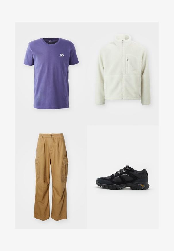 The North Face EXTREME JACKET - Fleecejacke - white dune; Lila T-Shirt mit kurzen Ärmeln und Rundhalsausschnitt mit kleinem weißem Alpha Industries Logo auf der linken Brust vor weißem Hintergrund.; Beige Cargo-Hosen mit geradem Beinschnitt, ausgestattet mit zwei Seitentaschen und einem Knopfverschluss. Hergestellt aus einem weichen, strapazierfähigen Stoff.; Schwarzer Outdoor-Schuh aus Wildleder und Mesh mit robuster Sohle. Verfügt über graue Akzente und Vibram-Branding an der Seite. Schnürdesign.