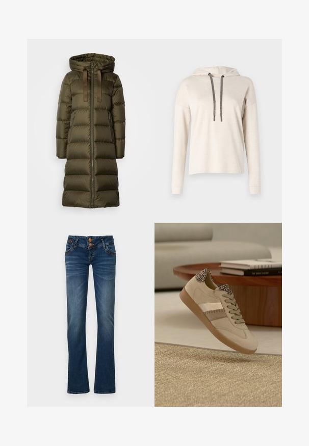 Lang, olivengrøn, polstret vinterjakke med hætte, frontlynlås, snoretræk og lynlåslommer på siden.; Beige hætte sweatshirt med lange ærmer, der har snøre lukning og strukturerede sølvaccenter. Blødt stof og afslappet pasform.; Mørkeblå bootcut jeans med to frontknapper, fem lommer og subtil falmning på lår og knæ.; Beige sportssko med overdel i ruskind, metalstribe og leopardmønstrede detaljer ved hælen. Gummisål med tekstureret greb.