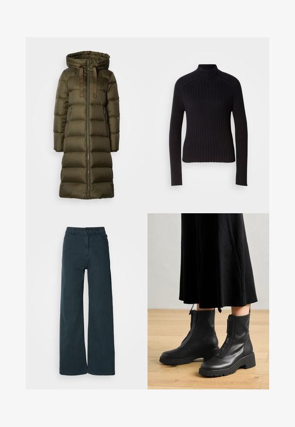 Langer, olivgrüner, gepolsterter Wintermantel mit Kapuze, Frontreißverschluss, Kordelzug-Bindungen und seitlichen Reißverschlusstaschen.; Schwarzer gerippter Rollkragenpullover mit langen Ärmeln, tailliertem Design und strukturierter Oberfläche. Hergestellt aus einem dehnbaren Strickstoff.; Weite Hose aus dunkelgrauem Baumwollmix mit einer vorderen Knopfverschluss, Gürtelschlaufen und zwei seitlichen Taschen. Glatte Textur mit minimaler Gestaltung.; Schwarze Lederstiefeletten mit einer dicken Plattformsohle und einem Reißverschluss vorne. Glatte Textur mit einem minimalistischen Design.