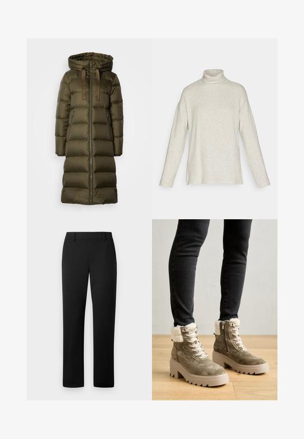 Manteau d'hiver rembourré vert olive long avec capuche, fermeture éclair à l'avant, cordons de serrage et poches latérales zippées.; Pull en col roulé de couleur beige clair, avec des manches longues, une texture côtelée, des fentes sur les côtés et une coupe décontractée. Fabriqué en matière tricotée douce.; Pantalon noir avec une coupe droite, fabriqué dans un tissu lisse, doté d'une taille ajustée et de poches avant.; Bottines en daim vert olive avec garniture en fourrure synthétique, quincaillerie en argent et semelle plateforme beige chunky. Dispose de lacets et d'une fermeture éclair sur le côté.