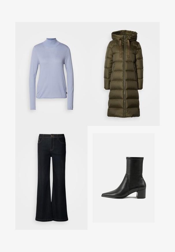 Lang, olivengrøn, polstret vinterjakke med hætte, frontlynlås, snoretræk og lynlåslommer på siden.; Lyseblå langærmet turtleneck-top fremstillet af blødt stof, med en tætsiddende pasform og en glat tekstur. Minimalistisk stil uden mønstre.; Mos Mosh MMDARA DELUXE JEANS - Jeans Relaxed Fit - dark blue; Sorte ankelstøvler lavet af glat læder, med spids tå, en blokhæl og markant hævet syning ved den øverste kant.