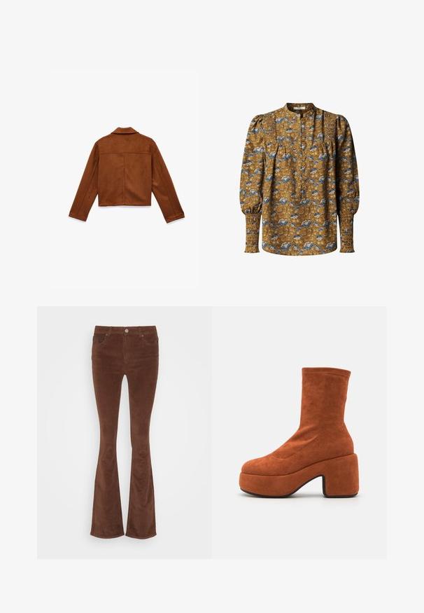 Brun faux suede cropped jakke med krave, lange ærmer og synlige syninger på ryggen og siderne.; Bluse med blomstermønster i sennepsgul med blå og hvide blomster. Har en mandarinkrave, knaplukning og smockede ærmekanter. Lange ærmer.; Brune fløjl flared jeans med en glat overflade, fem lommer og en enkelt metalknap i taljen.; Brune ruskind ankelstøvler med blokhæl og platformssål. Overdelen har en glat tekstur og syninger, der strækker sig til midten af læggen.
