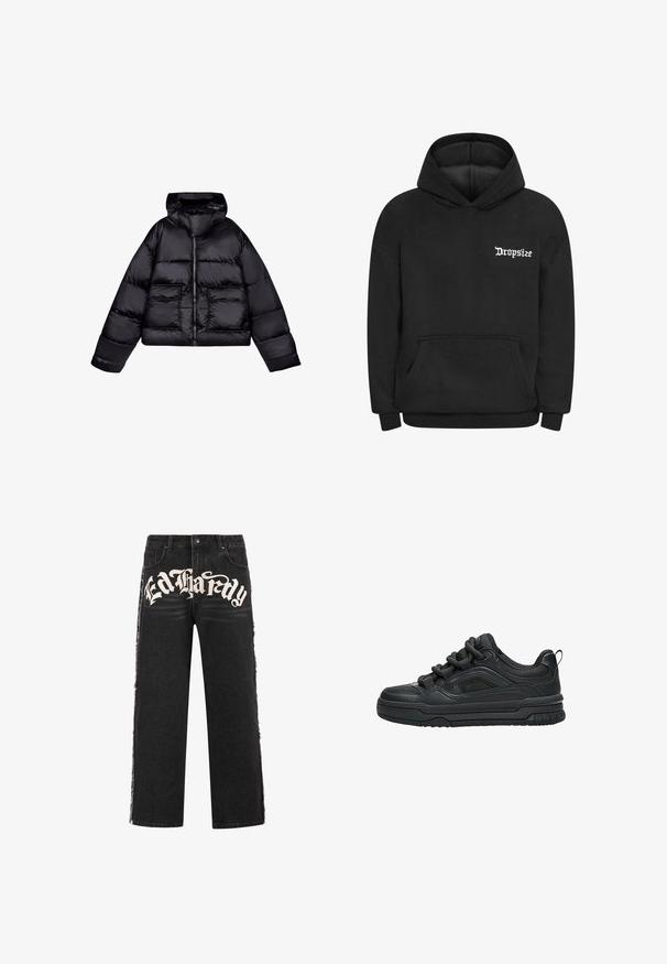 Zwarte cropped pufferjack met capuchon, met een gladde, glanzende textuur, twee voorzakken en een centrale ritssluiting.; Zwarte hoodie van zacht materiaal met een voorzak en een capuchon met trekkoord. Het "Dropsize"-logo is in het wit gedrukt op de linkerborst.; Zwarte denim wijde jeans met gescheurde randen en opvallende witte "Ed Hardy" tekst aan de voorkant. Voorzien van een standaard knoopsluiting.; Zwarte lage sneaker met dikke zool, gevoerde kraag, meshpanelen en dikke veters, afgebeeld tegen een witte achtergrond.