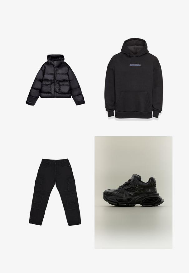 Veste puffer noire courte avec capuche, présentant une texture lisse et brillante, deux poches avant et une fermeture éclair centrale.; Sweatshirt à capuche noir en tissu en mélange de coton. Il comporte une poche frontale et un logo en bleu et rouge. Poignets et ourlet côtelés.; Pantalons cargo noirs en tissu durable, dotés de plusieurs poches cargo, de chevilles zippées et de jambes droites avec des détails de couture subtils.; Baskets noires épaisses avec un design texturé, semelle épaisse et fermeture à lacets, présentées sur un fond neutre uni.