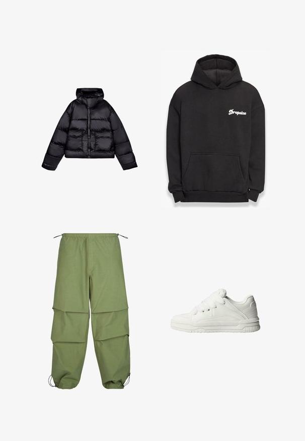 Sort cropped pufferjakke med hætte, der har en glat, blank tekstur, to frontlommer og en central lynlås.; Sort hættetrøje lavet af blødt materiale. Har en frontlomme, ribbede manchetter og hvid "Dropsize" logo på venstre bryst.; Letvægts, olivengrøn cargo-bukser med elastisk talje, lagdelt design og snorelukning ved æblekanten. Lavet af glat, holdbart stof.; Hvide sneakers med en glat læderoverflade, polstret tunge, flade snørebånd og strukturerede detaljer på siderne og hælen.