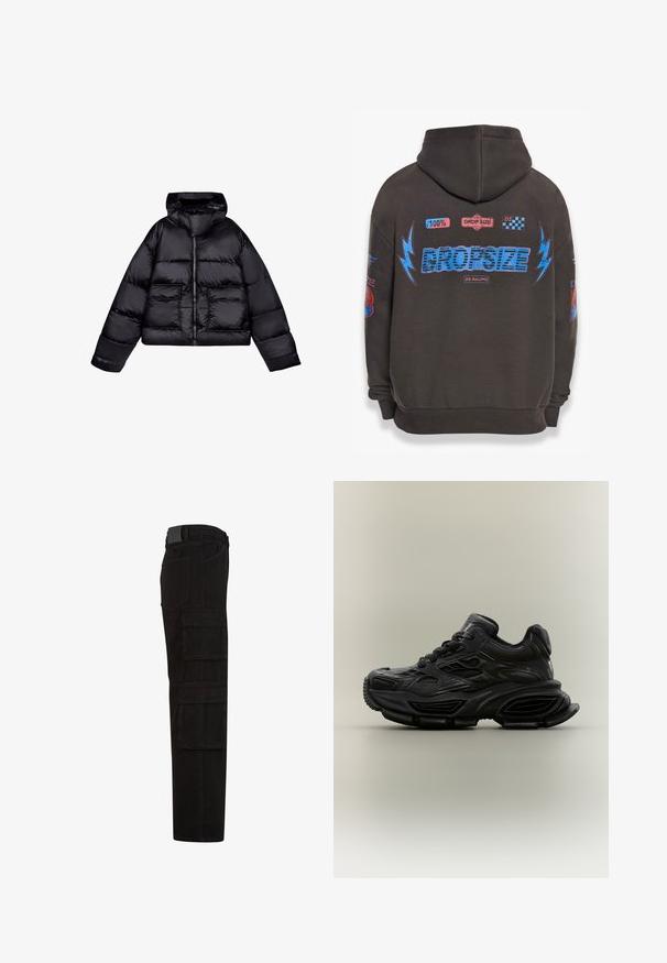 Veste puffer noire courte avec capuche, présentant une texture lisse et brillante, deux poches avant et une fermeture éclair centrale.; Sweat à capuche gris foncé avec un grand texte bleu "DROPSIZE" et des graphiques colorés. Comprend une capuche, des poignets côtelés et divers patchs imprimés.; Pantalon cargo noir avec plusieurs grandes poches à rabat, passants de ceinture, et une coupe droite, vu de côté.; Baskets noires épaisses avec un design texturé, semelle épaisse et fermeture à lacets, présentées sur un fond neutre uni.
