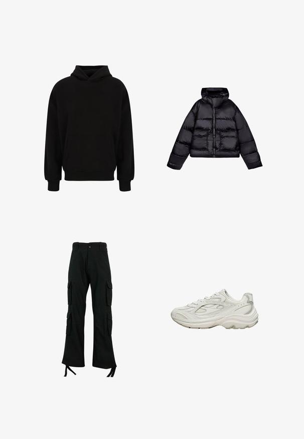 Zwarte cropped pufferjack met capuchon, met een gladde, glanzende textuur, twee voorzakken en een centrale ritssluiting.; Zwarte pullover hoodie met een voorzak, ribgebreide manchetten en zoom. Gemaakt van zachte stof; heeft een relaxed fit en een verstelbare capuchon.; Zwarte cargobroek van duurzaam materiaal met meerdere zijzakken, een rechte pijpdesign en strikjes aan de zoom voor een verstelbare pasvorm.; Witte sneaker met een gestructureerd bovenwerk en een dikke zool. Kenmerken zijn onder andere gebogen lijnen, subtiele grijze accenten en een veterontwerp.