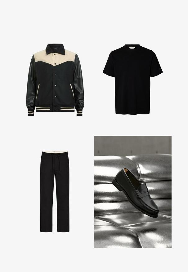 AllSaints ENDLETON - Læderjakker - multi; Sort kortærmet T-shirt med rund hals og enkelt design, vist på hvid baggrund.; Sorte straight-leg bukser med elastisk liv, snor og en understated design. Blød stofstruktur. Ingen synlige mønstre eller accenter.; Sort læderloafer svæver over en skinnende sølvfarvet, polstret lædersofa i et minimalistisk miljø.