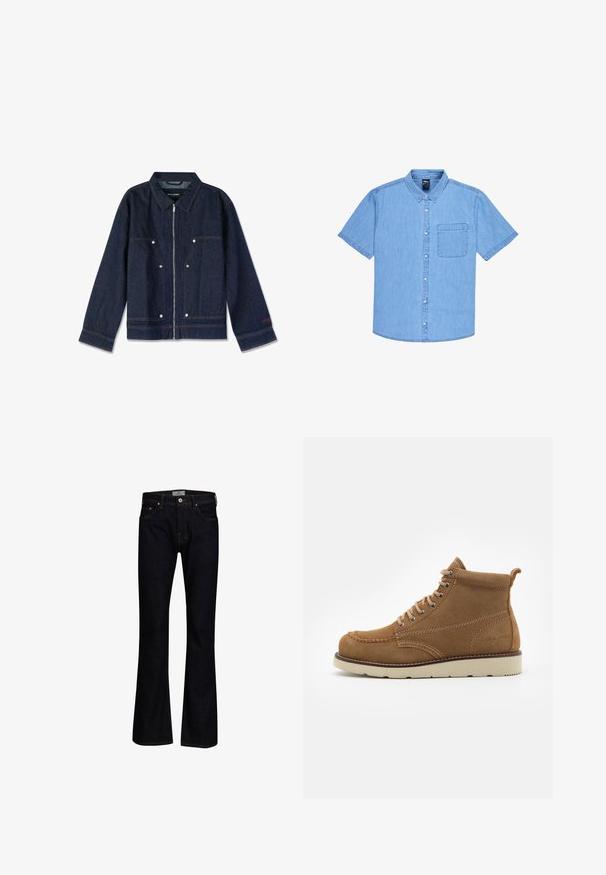 Mørkeblå denimjakke med krave, lynlås i front, to forlapper og hvide trykknapper. Har et mærke indeni.; Kortærmet denimskjorte i lys blå; har en knaplukket krave, forstykke med knaplukning og en enkelt brystlomme med syningsdetalje.; Mørkeblå bukseskær med flared fit lavet af denim med en glat tekstur. Har fem lommer, messingbeslag og kontrastsygning.; Brune ruskindsankelstøvler med rund tå, snørebånd foran og en beige gummisål, der har subtile syninger og en løkke bagpå.