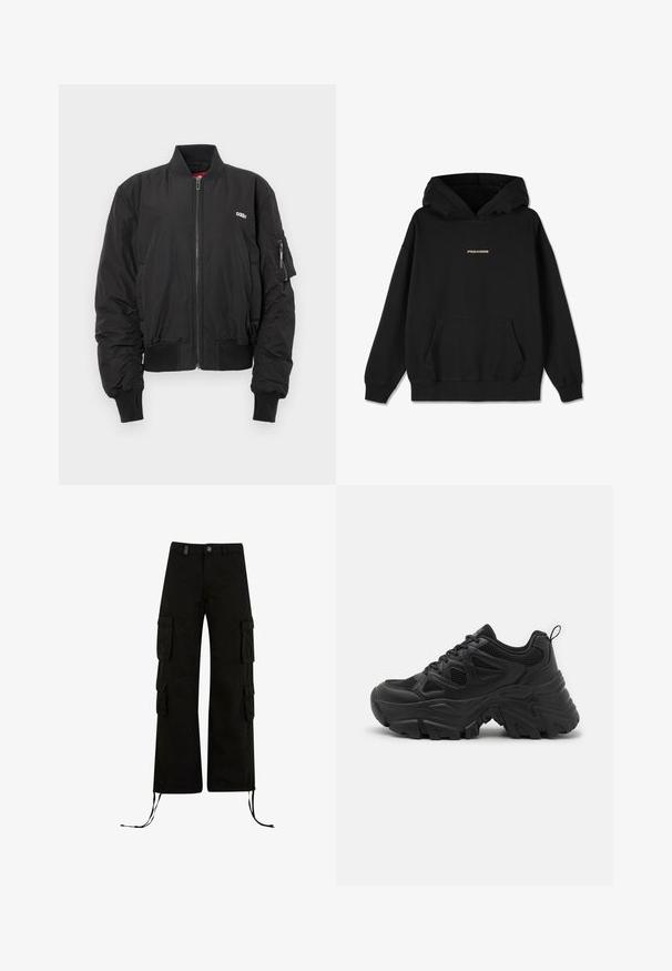 Μαύρο bomber jacket με φερμουάρ μπροστά, ραμμένα μανίκια και μέση. Διαθέτει λογότυπο στο στήθος και τσέπη με φερμουάρ στο αριστερό μανίκι.; Μαύρο φούτερ από βαμβάκι, με μπροστινή τσέπη, ριμπ μανσέτες και χρυσό λογότυπο "PEGADOR" στο στήθος. Απλός, χαλαρός σχεδιασμός.; Μαύροι φαρδύ συνδυασμένοι παντελόνες cargo με πολλαπλές τσέπες με καπάκι, κλείσιμο με κουμπιά, θηλιές για ζώνη και κορδόνια στο τελείωμα.; Μαύρα αθλητικά παπούτσια με διαμορφωμένο πλέγμα πάνω, καμπυλωτή ελαστική σόλα και έντονο μοτίβο πέλματος. Διαθέτουν ενσωματωμένο κορδόνι και λαβή.