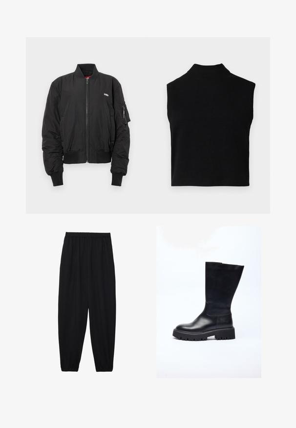 Sort bomberjakke med lynlås fortil, ribbede manchetter og talje. Har et logo på brystet og en lynlåslomme på venstre ærme.; Sort ærmeløs turtleneck-top med en tætsiddende pasform, lavet af blødt stof, med en ribbet halsudskæring og en glat overflade.; Sort, lette bukser med elastisk talje og sammenfoldede ankler. Stoffet er glat og har et afslappet, indsnævret design.; Sorte læder knæhøje støvler med en chunky sål, designet med en glat tekstur, rund tå og minimalistisk silhuet.