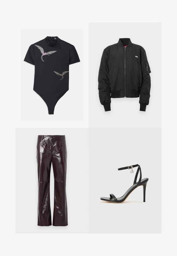 Mustan pommikaukalon takki, jossa on vetoketjukiinnitys, resorit hihansuissa ja vyötäröllä. Takissa on rintalogot ja vetoketjullinen tasku vasemmassa hihassa.; Mustat bodysuitit lyhyillä hihoilla, korkea kaula-aukko ja vetoketjukiinnitys. Koristeelliset lintusuunnitelmat kristalleilla, joissa on vaaleanpunaisia ja kultaisia korostuksia.; Vyötäröltä korkeavyötäröiset, viininpunaiset keinonahkahousut, joissa on kiiltävä pinta, kaksi etutaskua ja suora lahjemalli.; Mustat korkeakorkoiset sandaalit, joissa on kapea nilkkaremmi, neliönmuotoinen varvasosa, sileä nahkamateriaali ja metallinen solkikoriste.