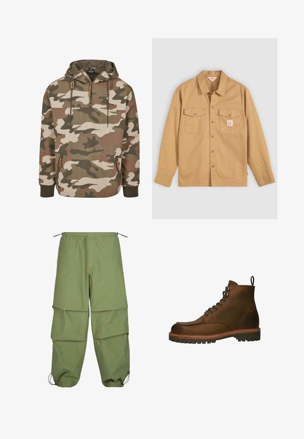 Chaqueta de pullover de camuflaje en tonos de beige, marrón y verde. Cuenta con capucha, cordones ajustables, bolsillo frontal y puños acanalados.; Camisa abotonada color beige con mangas largas, dos bolsillos en el pecho y una pequeña etiqueta. Fabricada en algodón con una textura suave y un diseño de cuello clásico.; Pantalones cargo ligeros de color verde oliva, con cintura elástica, diseño en capas y puños ajustables con cordón. Fabricados con una tela lisa y duradera.; Botas de tobillo de cuero marrón con punta redonda, ojales metálicos y suela de goma resistente. Incluyen una tira de agarre para facilitar el calzado.
