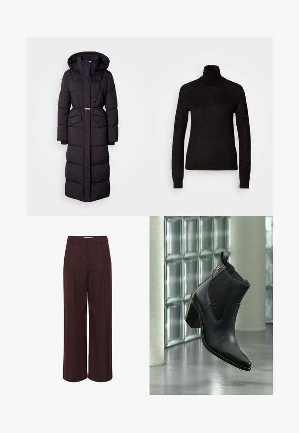 Lang sort polstret vinterjakke med hætte, forlommer, taljebælte og lynlåsfortil, præsenteret på en hvid baggrund.; Sort turtleneck sweater lavet af et let strikket stof. Har lange ærmer og en tætsiddende silhuet med raglan-sømme.; Vide benbukser i dyb bourgogne, lavet af et glat stof. Har en høj talje med folder og enkle bæltestropper for et skræddersyet udseende.; Sort læderankelstøvle med blokhæl og elastisk sidepanel, flydende indendørs mod glasblokvæg og betongulv.