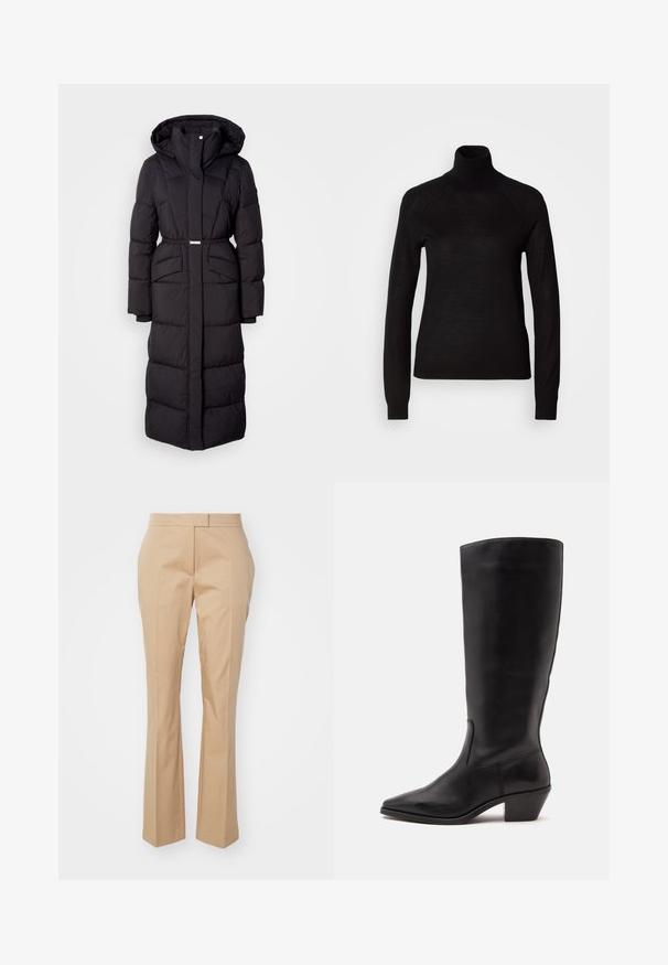 Long manteau d'hiver noir rembourré avec capuche, poches avant, taille ceinturée et fermeture éclair sur le devant, présenté sur un fond blanc.; Pull à col roulé noir en tissu tricot léger. Avec des manches longues et une silhouette ajustée dotée de coutures raglan.; Pantalons beiges ajustés avec une coupe droite, fabriqués en tissu lisse, présentant un devant plat et sans poches visibles.; Botte en cuir noire mi-mollet avec un bout pointu et un talon bas incliné sur un fond clair uni.