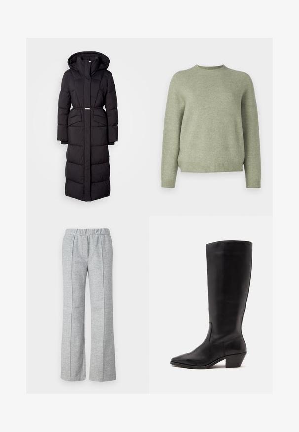 Long manteau d'hiver noir rembourré avec capuche, poches avant, taille ceinturée et fermeture éclair sur le devant, présenté sur un fond blanc.; DRYKORN PEMIRI - Pullover - green; Pantalons gris à jambes larges en tissu texturé ; dotés d'une taille élastique et de détails plissés à l'avant. Design épuré et minimal.; Botte en cuir noire mi-mollet avec un bout pointu et un talon bas incliné sur un fond clair uni.