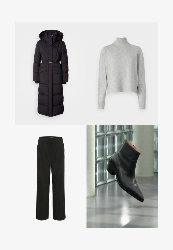 Lange zwarte gewatteerde winterjas met capuchon, voorzakken, een ceintuurlijn en een ritssluiting aan de voorkant, gepresenteerd op een witte achtergrond.; Lichtgrijze coltrui van zachte brei, met lange mouwen en een ribgebreide zoom en manchetten. Geen patronen of hardware details.; Zwarte pantalon met streepdessin en een rechte tailleband met riemlussen, gemaakt van geweven stof, met verticale strepen in een contrasterende kleur.; Zwarte leren enkellaars met een spitse neus en blokhak die zweeft boven een reflecterende grijze vloer nabij een glazen blokmuur.