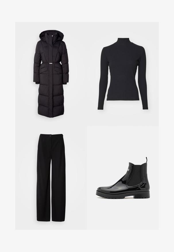 Long manteau d'hiver noir rembourré avec capuche, poches avant, taille ceinturée et fermeture éclair sur le devant, présenté sur un fond blanc.; Haut noir à col roulé côtelé avec des manches longues. Fabriqué en tissu extensible avec une coupe ajustée et un col montant. Design simple sans embellissements.; Pantalons large en noir avec un tissu tissé lisse ; dotés d'une fermeture à bouton et d'un design plissé pour une silhouette structurée.; HUGO TABITA - Bottes en caoutchouc - black