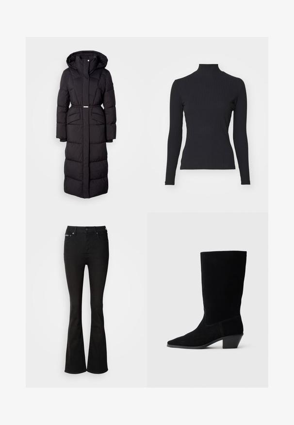 Lange zwarte gewatteerde winterjas met capuchon, voorzakken, een ceintuurlijn en een ritssluiting aan de voorkant, gepresenteerd op een witte achtergrond.; Zwarte geribde coltrui met lange mouwen. Gemaakt van rekbare stof met een getailleerde pasvorm en hoge kraag. Eenvoudig ontwerp zonder versieringen.; Zwarte flared jeans van denim, met een hoge taille, vijf-pocket ontwerp en subtiele stikdetails. Gladde textuur met een effen kleur.; Zwarte suede enkellaars met een spitse neus, een schacht van gemiddelde hoogte en een chunky hak. Heeft minimaal stikwerk en een gladde textuur.