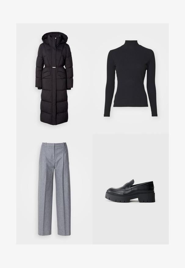 Abrigo de invierno largo, negro, acolchado, con capucha, bolsillos delanteros, cintura ajustada con cinturón y cierre de cremallera frontal, exhibido sobre un fondo blanco.; Top negro de cuello alto con costillas y mangas largas. Fabricado con una tela elástica con forma ajustada y cuello alto. Diseño simple sin adornos.; Pantalones de pierna ancha color gris claro con una tela texturizada, que presentan pliegues en la parte delantera y una cintura entallada. Diseño minimalista, sin herrajes visibles.; Mocasín negro con plataforma gruesa, parte superior de cuero suave, tira decorativa y suela gruesa texturizada sobre fondo blanco.