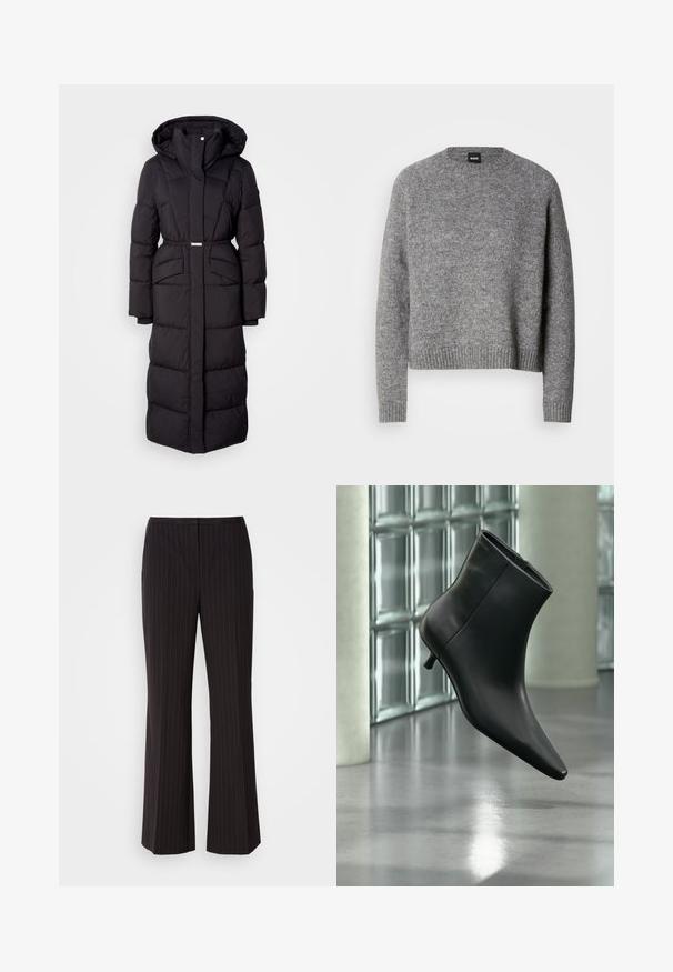 Long manteau d'hiver noir rembourré avec capuche, poches avant, taille ceinturée et fermeture éclair sur le devant, présenté sur un fond blanc.; Pull en tricot gris avec un col rond, des manches longues et des poignets et un ourlet côtelés. Texture douce ; design minimaliste sans motifs ni accents.; Pantalons larges à rayures noires, en tissu lisse, avec une taille mi-haute et un design frontal épuré. Pas de poches visibles.; Bottine en cuir noir à bout pointu et petit talon kitten, présentée en angle devant un sol poli et un mur en blocs de verre.
