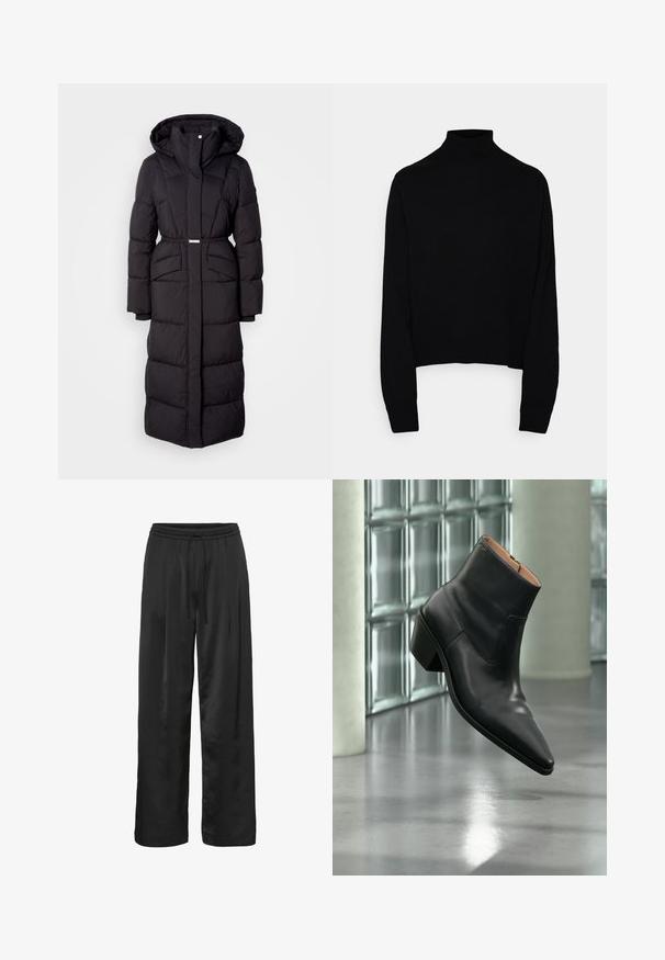 Lange zwarte gewatteerde winterjas met capuchon, voorzakken, een ceintuurlijn en een ritssluiting aan de voorkant, gepresenteerd op een witte achtergrond.; Zwarte coltrui, gebreid textuur, lange mouwen, aangesloten ontwerp, geribde zoom en manchetten, veelzijdig voor layering.; Zwarte wijde broek van glad, glanzend materiaal. Voorzien van een elastische tailleband met een koord voor een verstelbare pasvorm.; Zwarte leren enkellaars met een spitse neus en blokhak die zweeft boven een reflecterende grijze vloer nabij een glazen blokmuur.