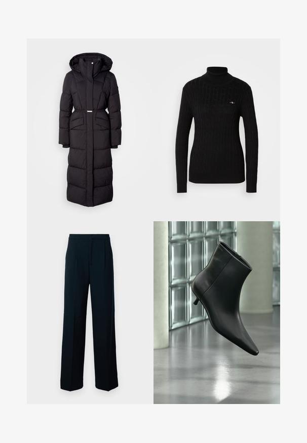 Long manteau d'hiver noir rembourré avec capuche, poches avant, taille ceinturée et fermeture éclair sur le devant, présenté sur un fond blanc.; Pull à col roulé noir en tricot à torsades texturé. Il présente des manches longues et une silhouette ajustée. Petit logo sur la poitrine.; Pantalons larges noirs en tissu lisse, avec une taille haute, des plis avant et un design épuré et minimal.; Bottine en cuir noir à bout pointu et petit talon kitten, présentée en angle devant un sol poli et un mur en blocs de verre.