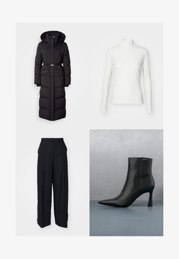 Langer schwarzer gepolsterter Wintermantel mit Kapuze, Fronttaschen, taillierter Passform und einem Reißverschluss auf der Vorderseite, vor einem weißen Hintergrund präsentiert.; Weißes geripptes Turtleneck-Oberteil mit langen Ärmeln, aus elastischem Stoff. Verfügt über ein enganliegendes Design und einen hohen Kragen für zusätzlichen Schutz.; Schwarze Hosen mit einem strukturierten Muster. Mit gefalteter Vorderseite, seitlichen Taschen und geradem Beindesign. Das Material wirkt glatt.; Schwarze Leder-Stiefelette mit spitzem Zehenbereich und einem geometrischen Absatz. Verfügt über dezente Branding-Elemente und eine glatte Textur. Der Hintergrund zeigt strukturierte Fliesen.
