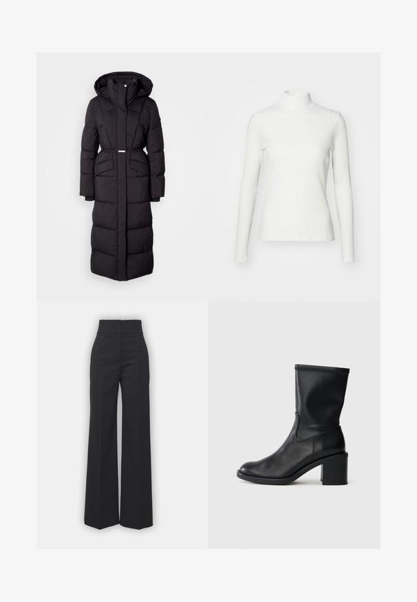 Long manteau d'hiver noir rembourré avec capuche, poches avant, taille ceinturée et fermeture éclair sur le devant, présenté sur un fond blanc.; Haut col roulé blanc à côtes avec des manches longues, fabriqué en tissu extensible. Présente un design ajusté et un encolure haute pour plus de couverture.; Pantalons à jambes larges en tissu noir avec une taille haute, présentant une finition soignée et une texture lisse. Pas de matériel ou de motifs visibles.; Botte en cuir noir à cheville avec un bout rond, texture lisse et un talon épais, présentant un tige ajustée et un subtil détail de couture.