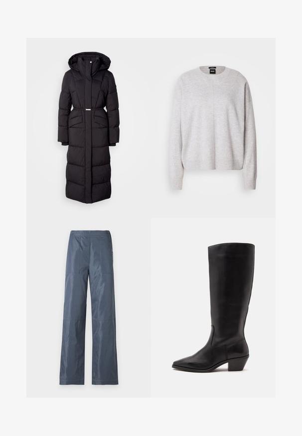 Lange zwarte gewatteerde winterjas met capuchon, voorzakken, een ceintuurlijn en een ritssluiting aan de voorkant, gepresenteerd op een witte achtergrond.; BOSS FASCONA - Trui - light pastel grey; Wijde broek in donkergrijs, gemaakt van een soepele stof. Heeft twee voorzakken en gestikte details langs de naden.; Zwarte leren laars tot half op de kuit met een puntige neus en een lage schuine hak op een effen lichte achtergrond.
