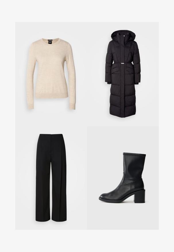 Langer schwarzer gepolsterter Wintermantel mit Kapuze, Fronttaschen, taillierter Passform und einem Reißverschluss auf der Vorderseite, vor einem weißen Hintergrund präsentiert.; BOSS FERPINA - Strickpullover - light beige; Schwarze, hoch taillierte, weit geschnittene Hosen mit einer verdeckten Vorderseite, maßgeschneiderten Nähten und einem glatten, strukturierten Stoff.; Schwarze Leder-Ankle Boots mit runder Zehenform, glatter Oberfläche und dicker Absatz, ausgestattet mit einem eng anliegenden Schaft und subtilen Nähten.