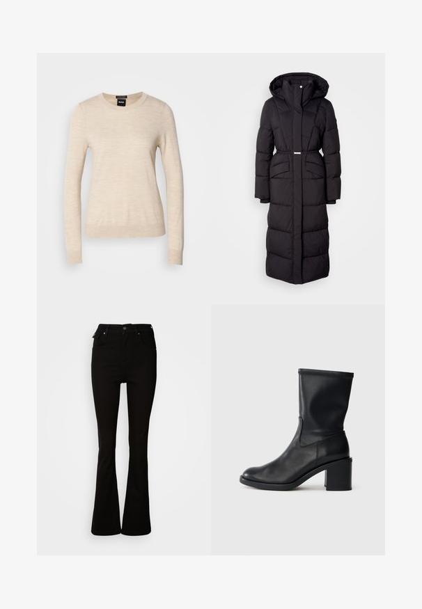 Langer schwarzer gepolsterter Wintermantel mit Kapuze, Fronttaschen, taillierter Passform und einem Reißverschluss auf der Vorderseite, vor einem weißen Hintergrund präsentiert.; BOSS FERPINA - Strickpullover - light beige; Schwarze, aus Denim gefertigte Schlagjeans mit hoher Taille, vorderen Taschen und einem klassischen Fünf-Taschen-Design mit Metallakzenten.; Schwarze Leder-Ankle Boots mit runder Zehenform, glatter Oberfläche und dicker Absatz, ausgestattet mit einem eng anliegenden Schaft und subtilen Nähten.