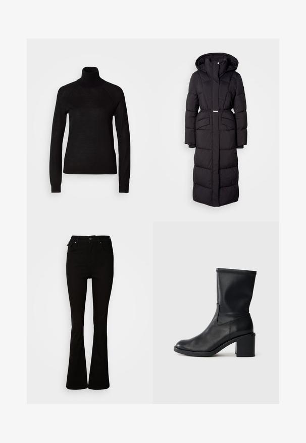 Langer schwarzer gepolsterter Wintermantel mit Kapuze, Fronttaschen, taillierter Passform und einem Reißverschluss auf der Vorderseite, vor einem weißen Hintergrund präsentiert.; Schwarzer Rollkragenpullover aus leichtem Strickmaterial. Mit langen Ärmeln und einer figurbetonten Silhouette mit Raglanärmeln.; Schwarze, aus Denim gefertigte Schlagjeans mit hoher Taille, vorderen Taschen und einem klassischen Fünf-Taschen-Design mit Metallakzenten.; Schwarze Leder-Ankle Boots mit runder Zehenform, glatter Oberfläche und dicker Absatz, ausgestattet mit einem eng anliegenden Schaft und subtilen Nähten.