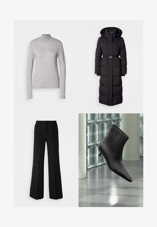 Abrigo de invierno largo, negro, acolchado, con capucha, bolsillos delanteros, cintura ajustada con cinturón y cierre de cremallera frontal, exhibido sobre un fondo blanco.; Top de color gris claro con cuello de tortuga y mangas largas, confeccionado en un material suave y de punto. Presenta un diseño ajustado y cuello acanalado. Textura lisa.; Pantalones negros de tejido suave, con cintura alta, silueta de pierna ancha y dos pliegues frontales para añadir detalle de diseño.; Bota de cuero negro para el tobillo con puntera puntiaguda y tacón pequeño, exhibida frente a una pared de bloques de vidrio y un suelo pulido.