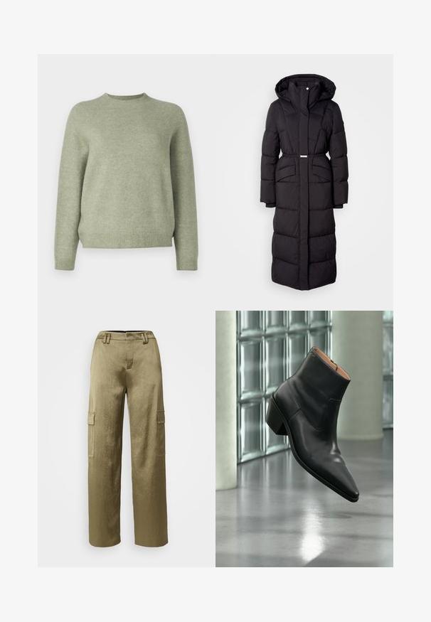 Lange zwarte gewatteerde winterjas met capuchon, voorzakken, een ceintuurlijn en een ritssluiting aan de voorkant, gepresenteerd op een witte achtergrond.; DRYKORN PEMIRI - Trui - green; Olijfgroene cargo broeken met een wijde pijpdesign, voorzien van twee zijzakken, een gestructureerde stof en een aansluitende tailleband met riemlussen.; Zwarte leren enkellaars met een spitse neus en blokhak die zweeft boven een reflecterende grijze vloer nabij een glazen blokmuur.