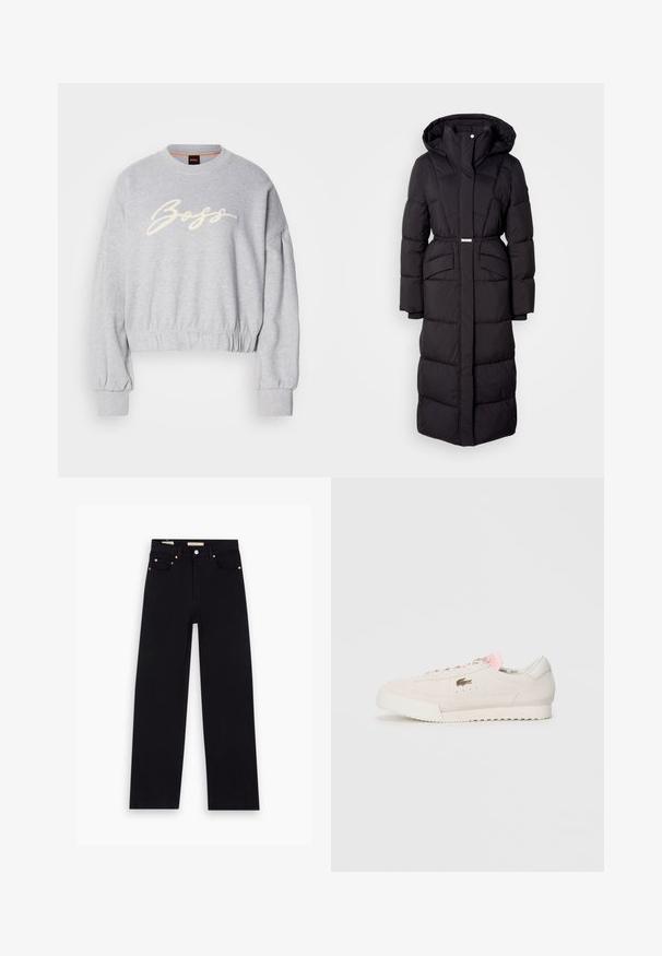 Lange zwarte gewatteerde winterjas met capuchon, voorzakken, een ceintuurlijn en een ritssluiting aan de voorkant, gepresenteerd op een witte achtergrond.; Grijze cropped sweatshirt van zacht materiaal, met een witte geborduurde 'Boss' logo aan de voorkant en elastische boorden aan de mouwen en onderkant.; Zwarte denim jeans met een recht model, vijf zakken, koperen hardware en een gladde textuur. Twee labels zichtbaar op de tailleband.; Beige suede sneaker met witte rubberen zool, roze veters en subtiele branding. Heeft een ronde neus en getextureerde accenten aan de zijkanten.