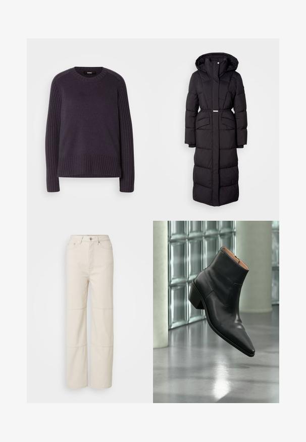 Langer schwarzer gepolsterter Wintermantel mit Kapuze, Fronttaschen, taillierter Passform und einem Reißverschluss auf der Vorderseite, vor einem weißen Hintergrund präsentiert.; Gestrickter Pullover in dunklem Lila, mit gerippten Ärmeln und einem abgerundeten Halsausschnitt, der am Saum eine leicht lockere Passform aufweist.; Helle beige weit geschnittene Jeans aus Baumwolle. Mit hoher Taille, vorderem Knopfverschluss und zwei horizontalen Nahtakzenten an den Beinen.; Schwarzer Leder-Stiefelette mit spitzer Schuhspitze und Blockabsatz, der über einem reflektierenden grauen Boden nahe einer Glassteinwand schwebt.