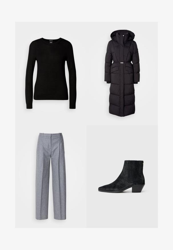 Long manteau d'hiver noir rembourré avec capuche, poches avant, taille ceinturée et fermeture éclair sur le devant, présenté sur un fond blanc.; Pull noir en maille fine, avec un col rond et des manches longues à poignets ajustés. Pas de motifs ou d'ornements visibles.; Pantalons larges gris clair en tissu texturé, avec des plis à l'avant et une taille cintrée. Design minimaliste, sans matériel visible.; Bottine noire à bout pointu, en matériau texturé imitant les cheveux, avec un panneau latéral à nervures et un petit talon carré. Un design simple et moderne.